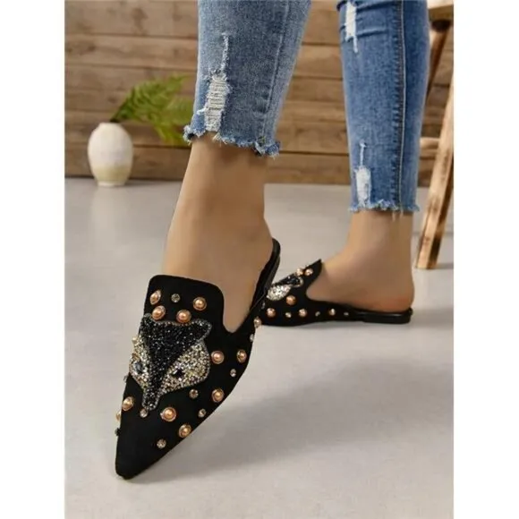 Diamond-Like Fox Animal Decor Fashionable Casual Flat Mules