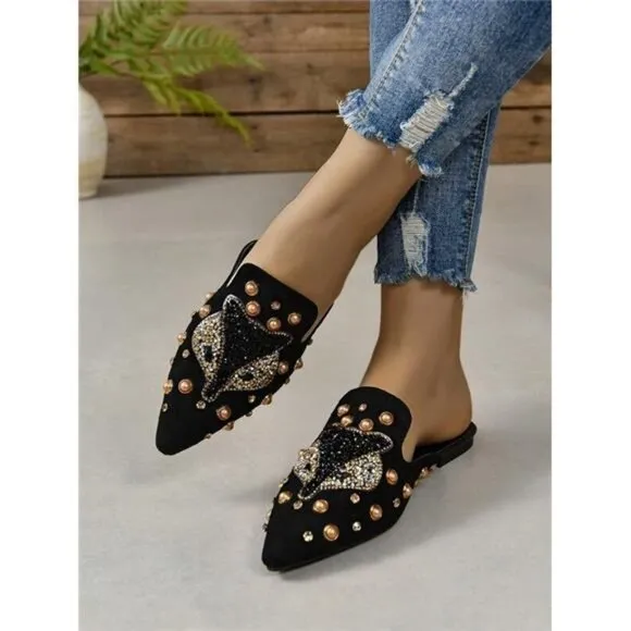 Diamond-Like Fox Animal Decor Fashionable Casual Flat Mules
