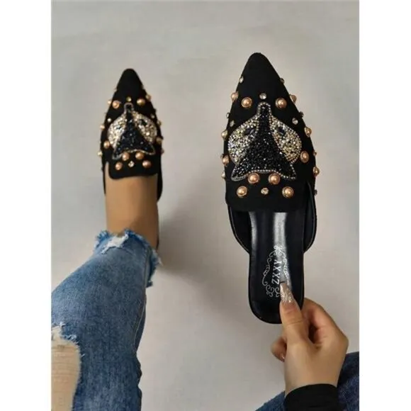 Diamond-Like Fox Animal Decor Fashionable Casual Flat Mules
