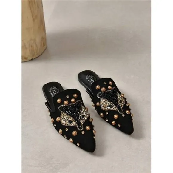 Diamond-Like Fox Animal Decor Fashionable Casual Flat Mules