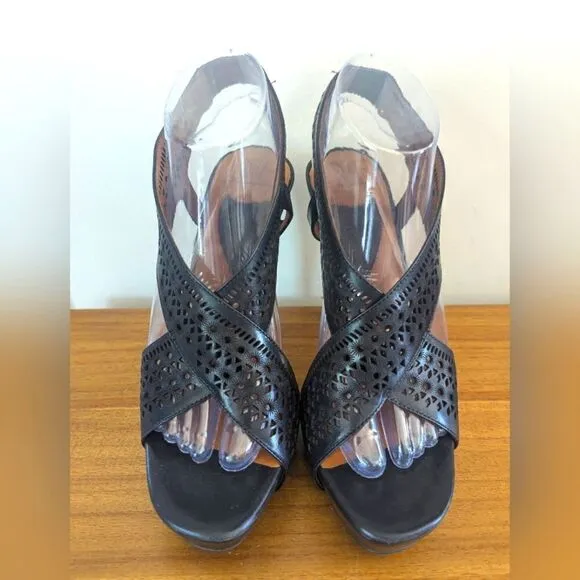Diane Von Furstenberg Zia II Black Laser Cut Slingback Platform Heels sz 8 ½