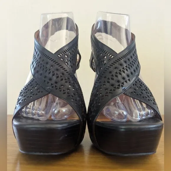 Diane Von Furstenberg Zia II Black Laser Cut Slingback Platform Heels sz 8 ½