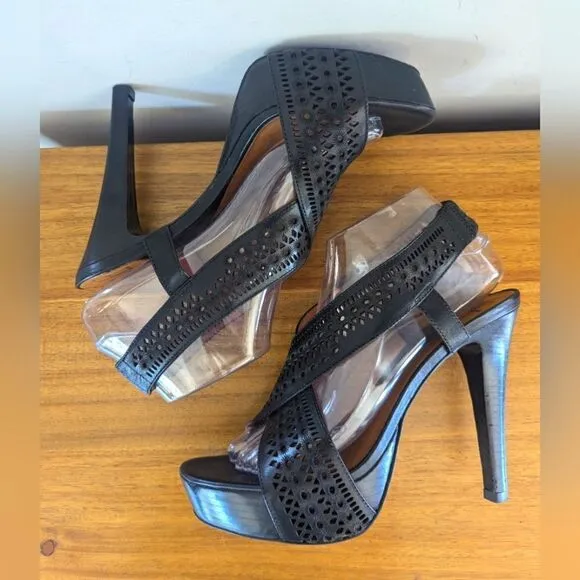 Diane Von Furstenberg Zia II Black Laser Cut Slingback Platform Heels sz 8 ½