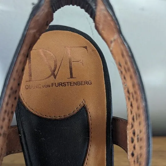 Diane Von Furstenberg Zia II Black Laser Cut Slingback Platform Heels sz 8 ½
