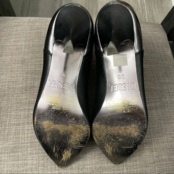 Diesel Black Leather Chelsea Ankle Boots US 6 Drinky Party Kitten Heel Metallic