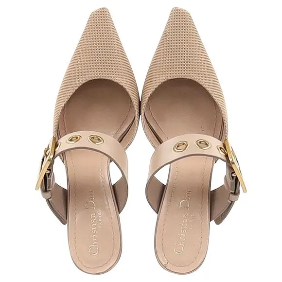 Dior Buckle Heeled Mules in Beige Polyester