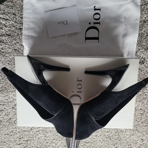 DIOR TANGO Elegant Black Suede Slingback  Women's Heels Sandals