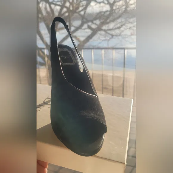 DIOR TANGO Elegant Black Suede Slingback  Women's Heels Sandals