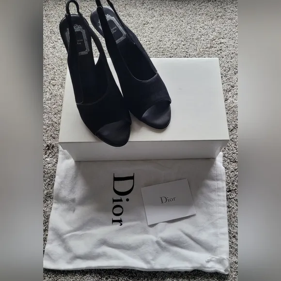 DIOR TANGO Elegant Black Suede Slingback  Women's Heels Sandals