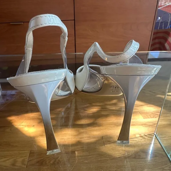DIOR White Patent Leather Slingback Heels with Box, Shoe Bags, size 37.5 7.5