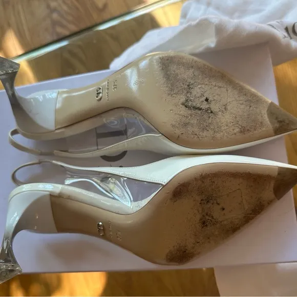 DIOR White Patent Leather Slingback Heels with Box, Shoe Bags, size 37.5 7.5