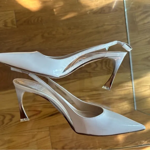 DIOR White Patent Leather Slingback Heels with Box, Shoe Bags, size 37.5 7.5