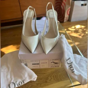 DIOR White Patent Leather Slingback Heels with Box, Shoe Bags, size 37.5 7.5