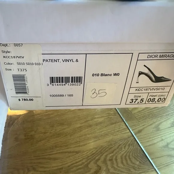 DIOR White Patent Leather Slingback Heels with Box, Shoe Bags, size 37.5 7.5