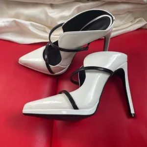Divalentini white patent black straps pointed toe slip in heels. Size 6