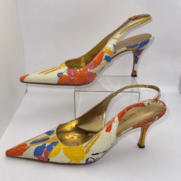 Dolce &amp; Gabbana Snakeskin Multi Colored Slingback Heels - size 37