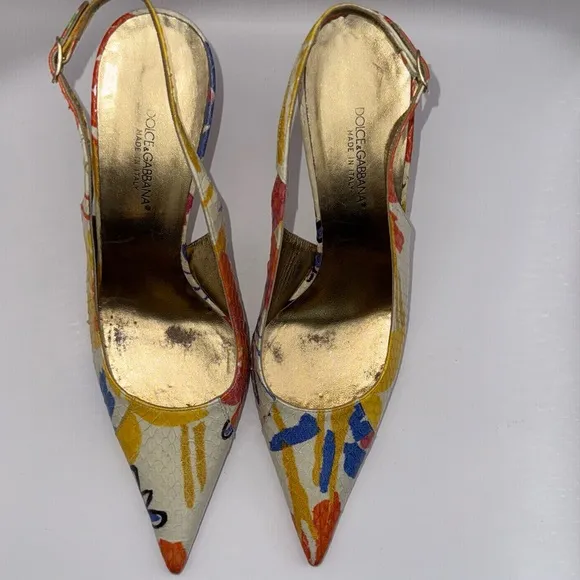 Dolce &amp; Gabbana Snakeskin Multi Colored Slingback Heels - size 37