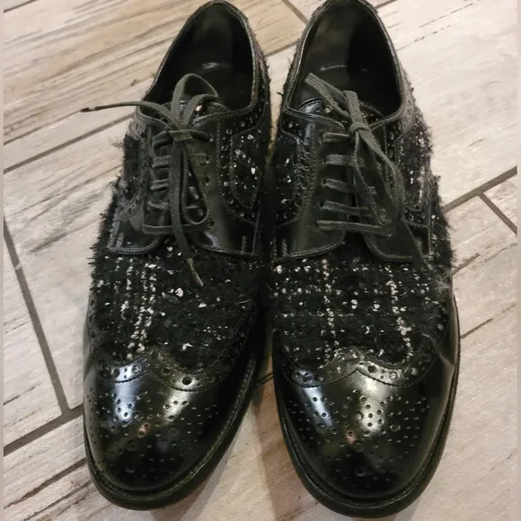 DOLCE &amp; GABBANA Vintage black leather tweed lace-up oxfords luxury Wmn's 8.5