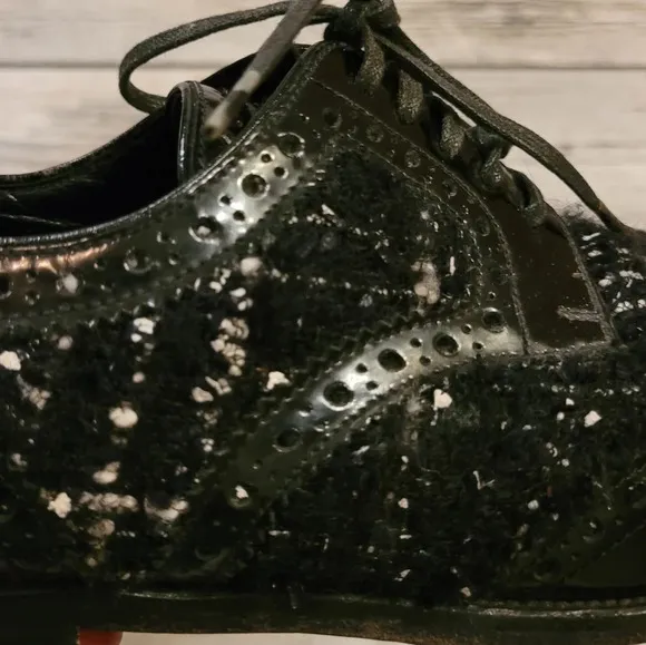 DOLCE &amp; GABBANA Vintage black leather tweed lace-up oxfords luxury Wmn's 8.5