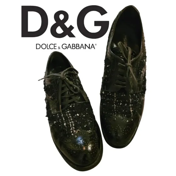 DOLCE &amp; GABBANA Vintage black leather tweed lace-up oxfords luxury Wmn's 8.5