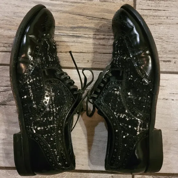 DOLCE &amp; GABBANA Vintage black leather tweed lace-up oxfords luxury Wmn's 8.5