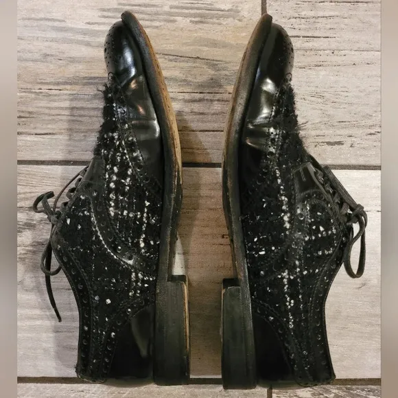 DOLCE &amp; GABBANA Vintage black leather tweed lace-up oxfords luxury Wmn's 8.5