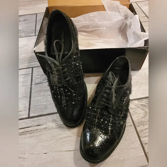 DOLCE &amp; GABBANA Vintage black leather tweed lace-up oxfords luxury Wmn's 8.5