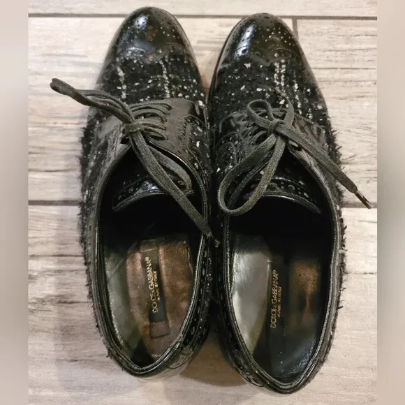 DOLCE &amp; GABBANA Vintage black leather tweed lace-up oxfords luxury Wmn's 8.5