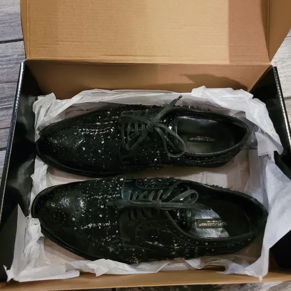 DOLCE &amp; GABBANA Vintage black leather tweed lace-up oxfords luxury Wmn's 8.5