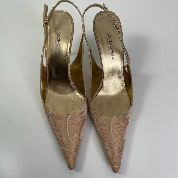 Dolce &amp; Gabbana Women's Gold Lace Slingback Point Toe Heels Size US 9.5 EUR 39.5