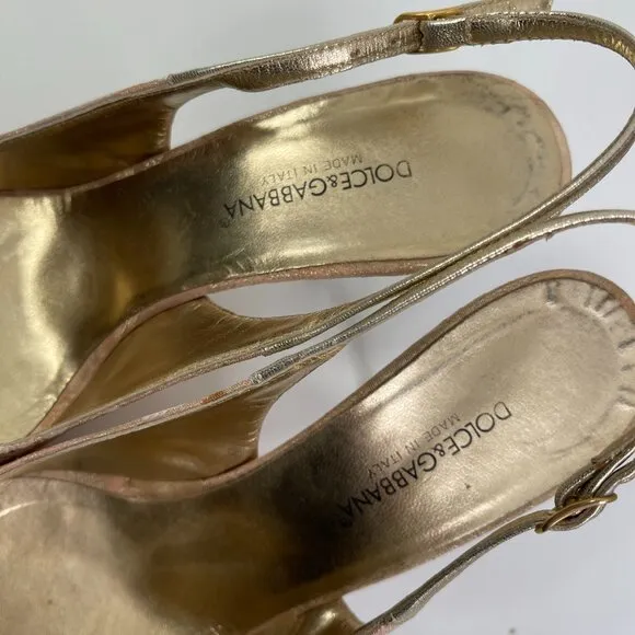 Dolce &amp; Gabbana Women's Gold Lace Slingback Point Toe Heels Size US 9.5 EUR 39.5