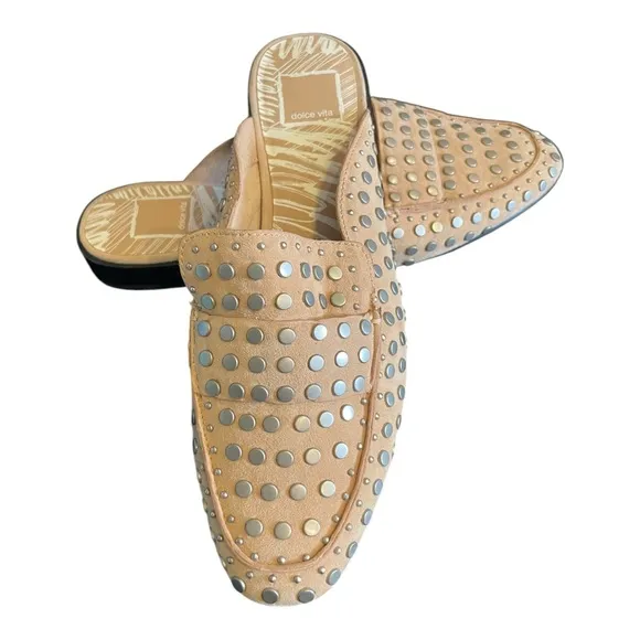 Dolce Vita Maura Studded Leather Slide Tan Blush SlipOn Flats Shoes Mules 7.5