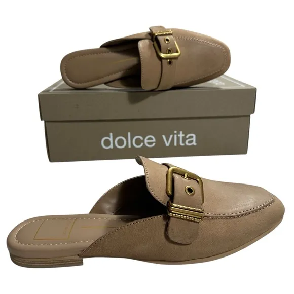 Dolce Vita Santel Mules Womens Sz 6,5 in Taupe Leather Square Toe Slip On  New