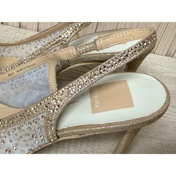Dolce Vita Women's Kaye Crystal Heels Gold Mesh Size 7
