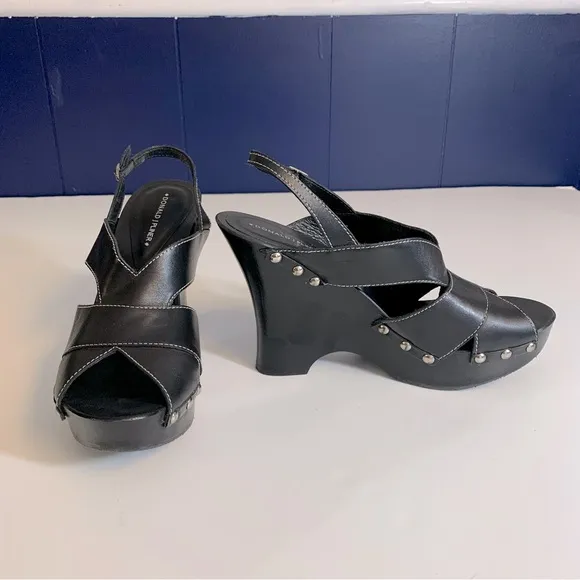 Donald J. Pliner LUSA Black Leather Platform Wedge Slingback Clogs Heels Size 10