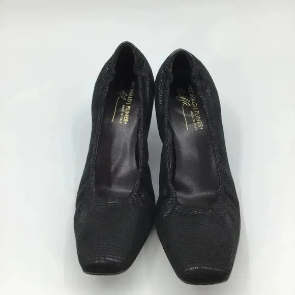 Donald J. Pliner Seana Black Snakeskin Leather Kitten Heel Shoes 8.5M Square Toe