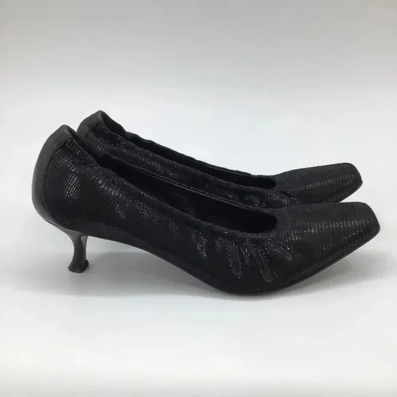 Donald J. Pliner Seana Black Snakeskin Leather Kitten Heel Shoes 8.5M Square Toe