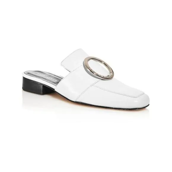 DORATEYMUR Womens White Petrol Square Toe Block Heel Slip On Leather Mules 37.5