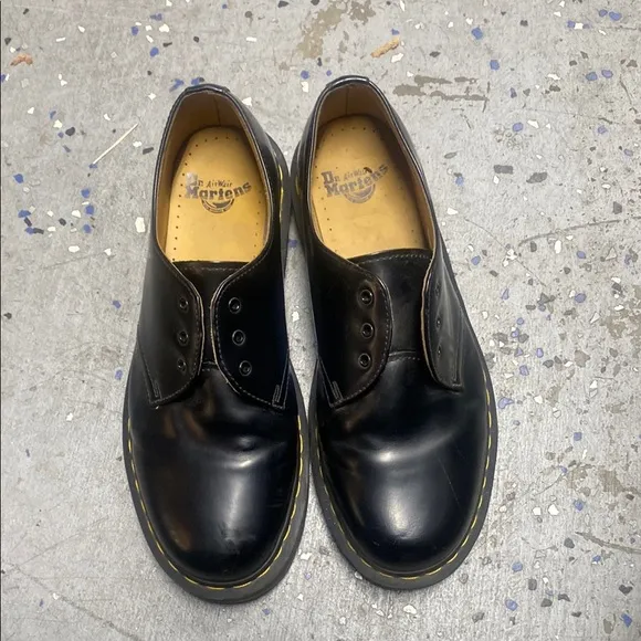 Dr. Martens Black Leather Oxfords with Yellow Stitching