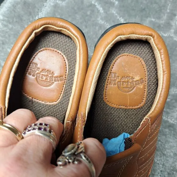 DR MARTENS Brown Leather Slip On Mules 8B02 LEATHER SQUARE TOE SHOES WOMENS SZ 6