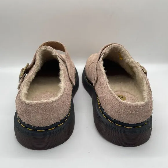 Dr. Martens Isham Mens 12 Beige Taupe Suede Slingback Buckle Mule Clog Shearling