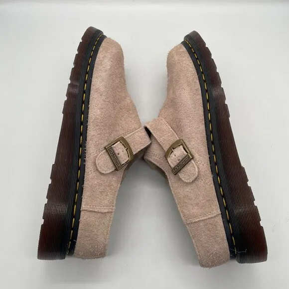 Dr. Martens Isham Mens 12 Beige Taupe Suede Slingback Buckle Mule Clog Shearling