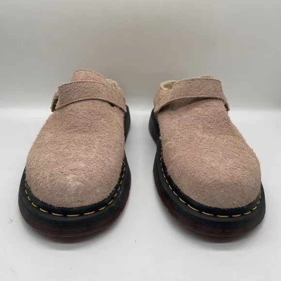Dr. Martens Isham Mens 12 Beige Taupe Suede Slingback Buckle Mule Clog Shearling
