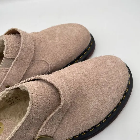 Dr. Martens Isham Mens 12 Beige Taupe Suede Slingback Buckle Mule Clog Shearling