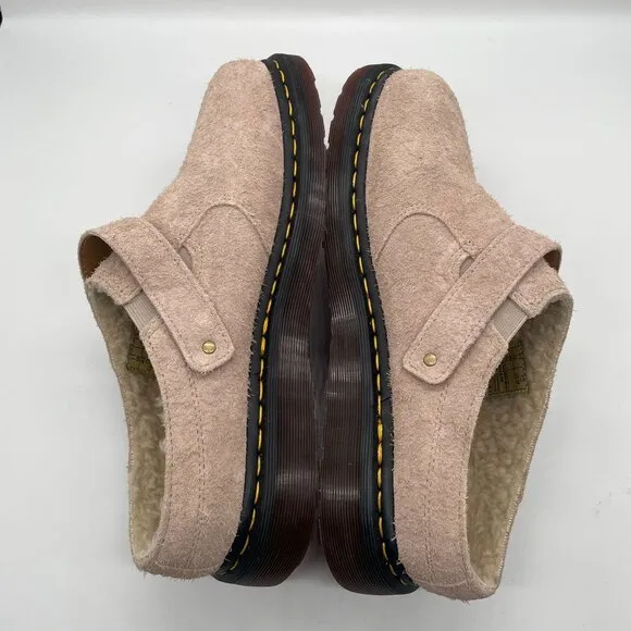 Dr. Martens Isham Mens 12 Beige Taupe Suede Slingback Buckle Mule Clog Shearling