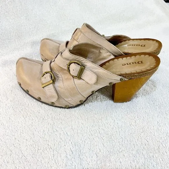 Dune Womens Beige Leather Mules Clogs Heels 41 Cone Heel Buckle Slip On