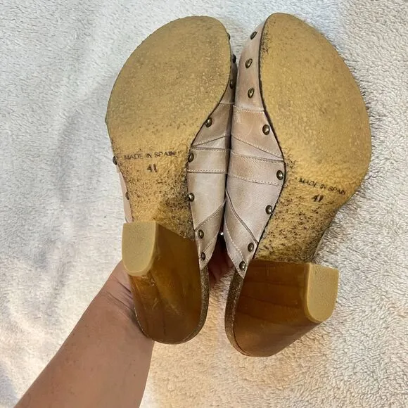 Dune Womens Beige Leather Mules Clogs Heels 41 Cone Heel Buckle Slip On