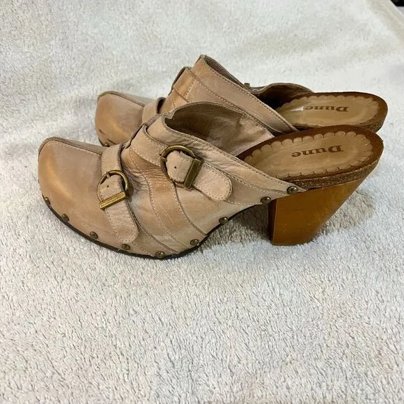 Dune Womens Beige Leather Mules Clogs Heels 41 Cone Heel Buckle Slip On