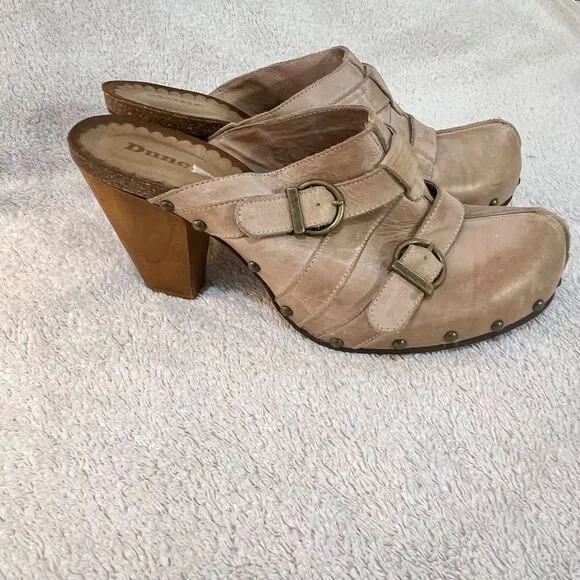 Dune Womens Beige Leather Mules Clogs Heels 41 Cone Heel Buckle Slip On