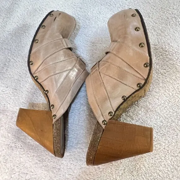 Dune Womens Beige Leather Mules Clogs Heels 41 Cone Heel Buckle Slip On